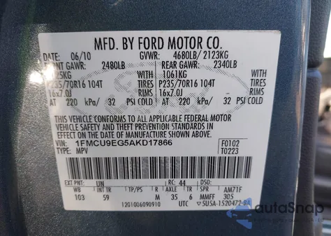 2010 Ford Escape Limited из США, поврежденный, VIN 1FMCU9EG5AKD17866